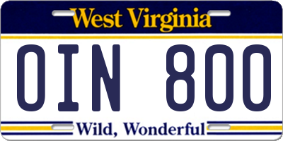 WV license plate OIN800
