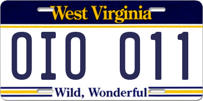 WV license plate OIO011