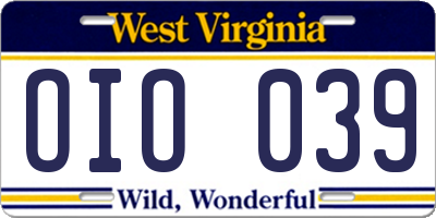 WV license plate OIO039