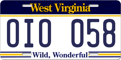 WV license plate OIO058