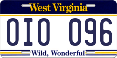 WV license plate OIO096