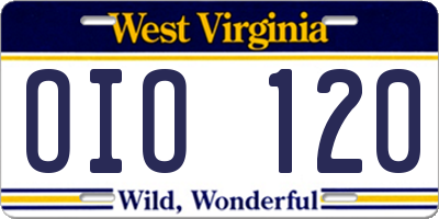 WV license plate OIO120