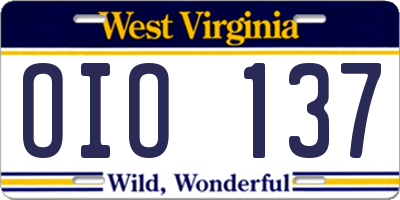 WV license plate OIO137