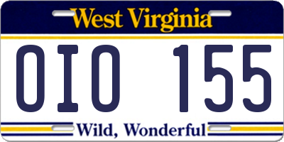 WV license plate OIO155