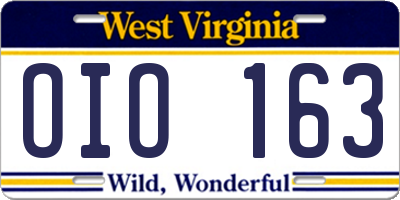 WV license plate OIO163