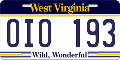 WV license plate OIO193