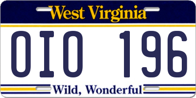 WV license plate OIO196