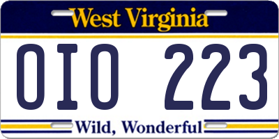 WV license plate OIO223