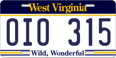 WV license plate OIO315