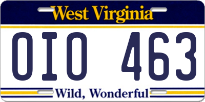 WV license plate OIO463