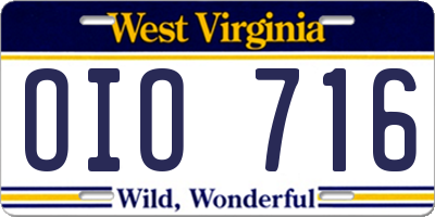 WV license plate OIO716