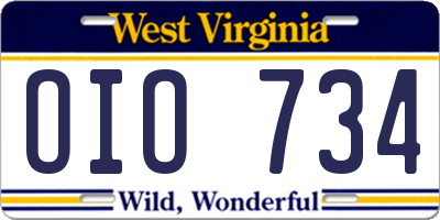WV license plate OIO734