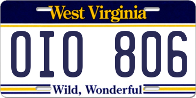 WV license plate OIO806