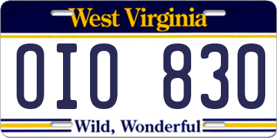 WV license plate OIO830