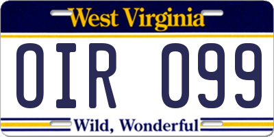 WV license plate OIR099