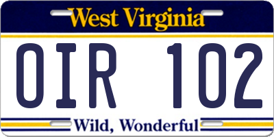 WV license plate OIR102