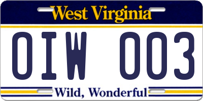 WV license plate OIW003