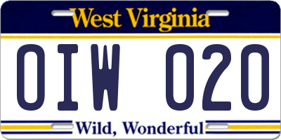 WV license plate OIW020
