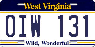 WV license plate OIW131