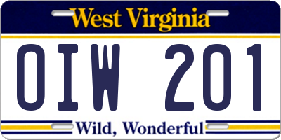 WV license plate OIW201