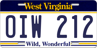 WV license plate OIW212