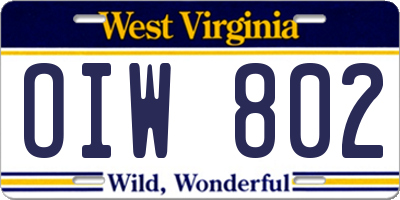 WV license plate OIW802