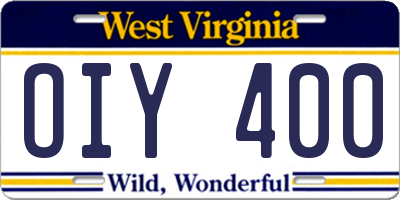 WV license plate OIY400