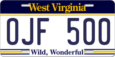 WV license plate OJF500