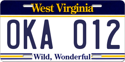 WV license plate OKA012