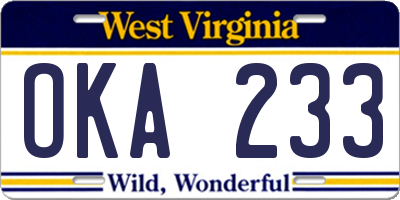 WV license plate OKA233