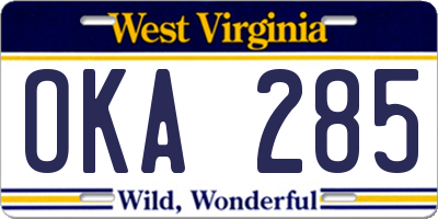WV license plate OKA285