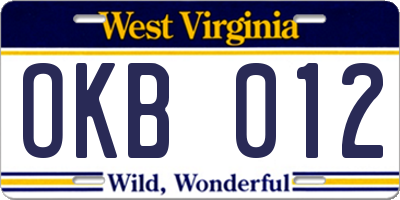 WV license plate OKB012