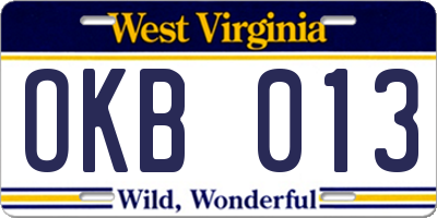 WV license plate OKB013
