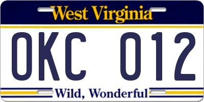 WV license plate OKC012