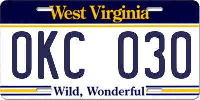 WV license plate OKC030