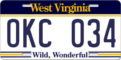 WV license plate OKC034