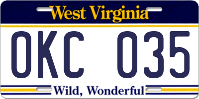 WV license plate OKC035