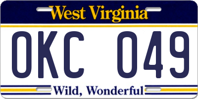 WV license plate OKC049
