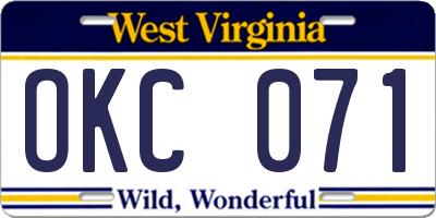 WV license plate OKC071