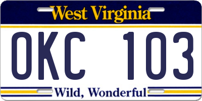 WV license plate OKC103