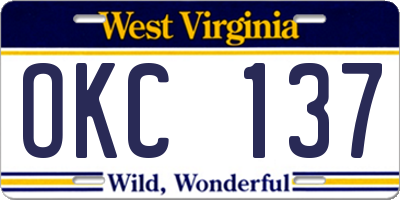WV license plate OKC137