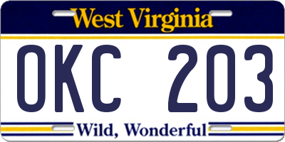 WV license plate OKC203