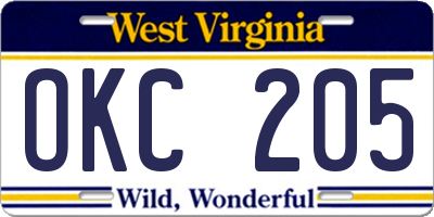 WV license plate OKC205