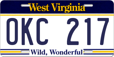 WV license plate OKC217