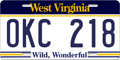 WV license plate OKC218