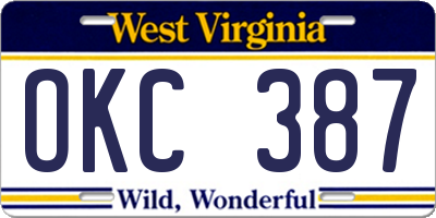 WV license plate OKC387