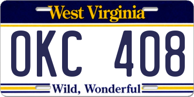 WV license plate OKC408