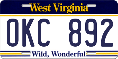 WV license plate OKC892