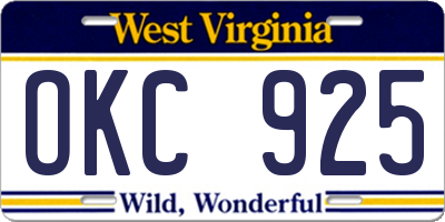 WV license plate OKC925