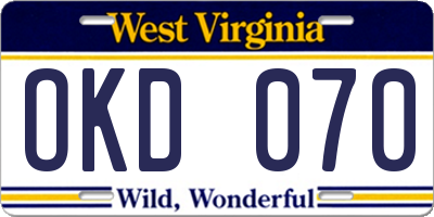 WV license plate OKD070